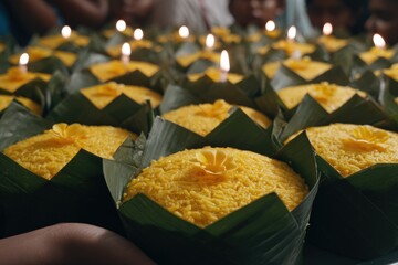 Festive Yellow Rice Cakes in Banana Leaf Cups with Flower Toppings & Candles - Asian Tradition, Ceremony, Warm Tone, Shallow Depth of Field