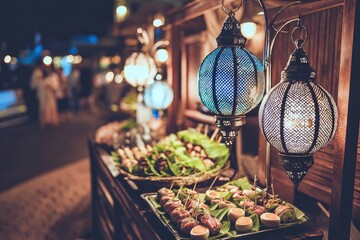 Moody Evening Lighting with Ornate Lanterns and Festive Atmosphere, showcasing culinary art at outdoor event with tropical elements