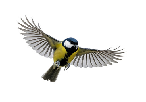 Great tit bird in flight isolated on transparent background