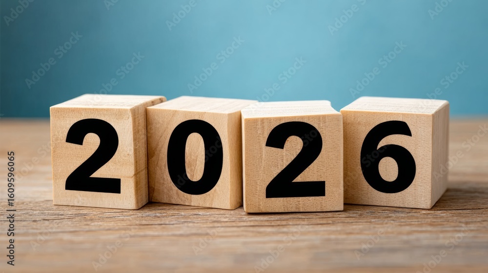 Poster wooden block with the numbers 2026 is stacked on top of another wooden block. the blocks are arrange