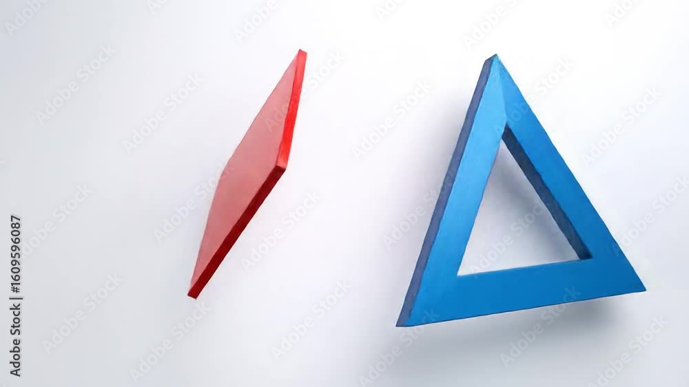 Poster geometric shapes: dynamic interaction of red square and blue triangle