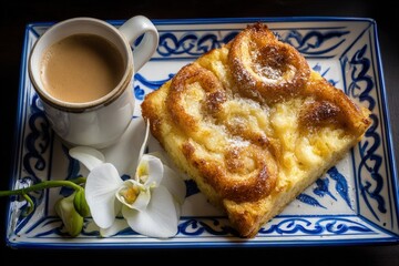 Cinnamon Roll Cake with Coffee, White Orchid on Blue Decorative Plate, High Angle View, Warm Tones, Dark Background, Close-Up