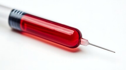 Fototapeta premium A close-up image of a syringe filled with red liquid on a white background.