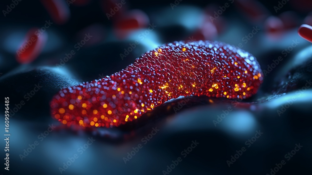 Poster a close-up, futuristic image of a glowing, textured red capsule or pill resting on a dark, smooth su
