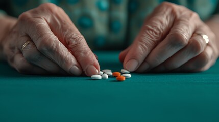 Elderly hands sorting white and orange pills on a green surface, highlighting medication management or healthcare for seniors.
