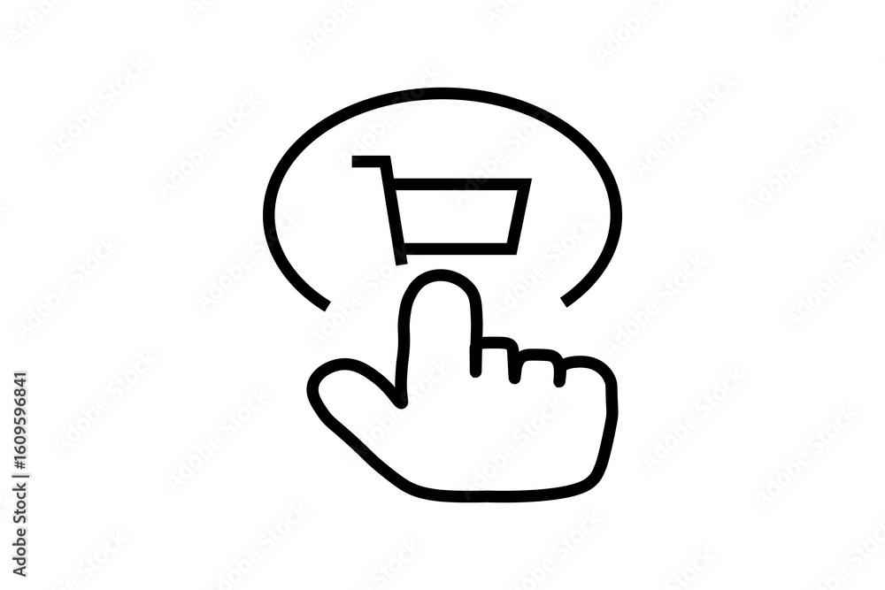 Poster the image features a black outline icon representing an online shopping action. it shows a hand with