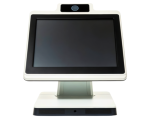 Modern self-service information kiosk with a blank touch screen on a transparent background