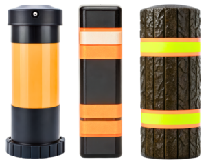 Three different road safety bollards with reflective tape on a transparent background