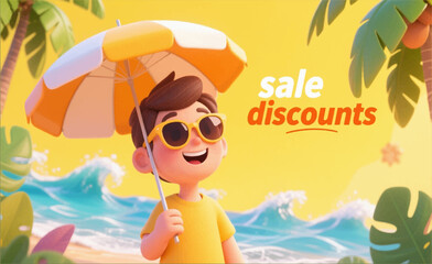 3D cartoon man with sunglasses and umbrella on the beach among palm trees opposite the ocean. It's vacation time. The label Sale discounts. Vector. EPS.