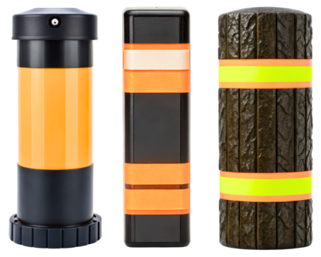 Three different road safety bollards with reflective tape on a transparent background - Powered by Adobe