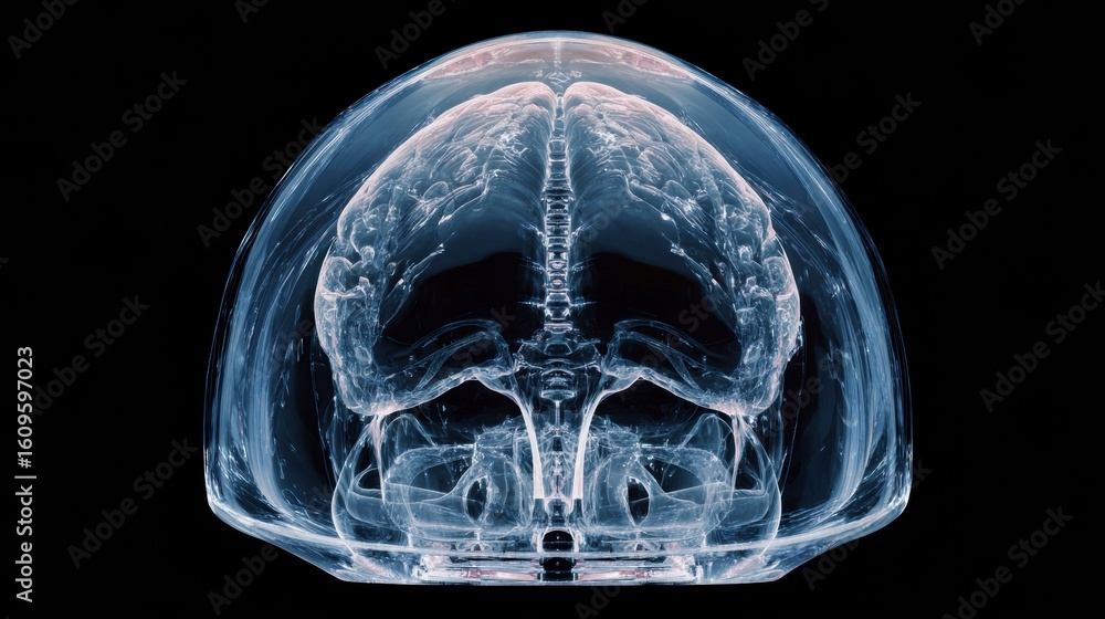 Poster futuristic brain hospital scan reveals intricate cross-section of cerebral structure with a blank up