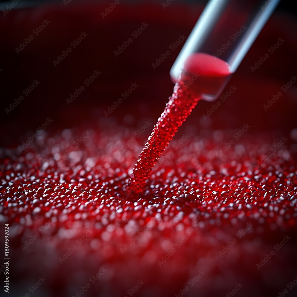 Poster close-up of a pipette dripping red liquid onto a surface covered with tiny red droplets, creating a 