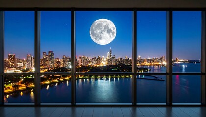 City skyline at night seen through large windows