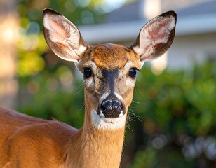 Close-up of a young deer facing the camera, with large ears and soft brown fur.  Outdoor setting with blurred green foliage and a house in the background
