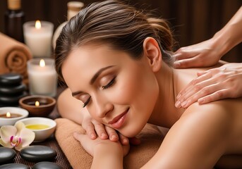Woman receiving a back massage in a spa.
