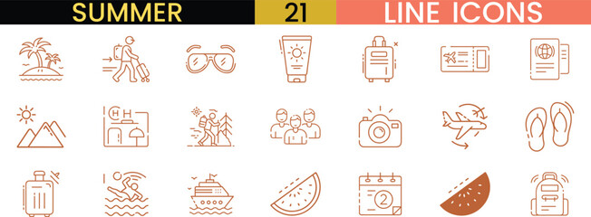 21 Summer Travel Line Icons - Includes Hiking, Sunglasses, Passport, Beach, and More for Vacation Designs