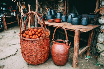 Wicker Basket Filled with Orange Fruit and Ceramic Jugs in a Rural Setting, Dark Moody Tones, Wood & Stone