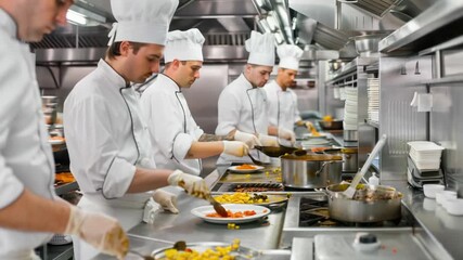 Group of chefs working together in a commercial kitchen, preparing various dishes for service