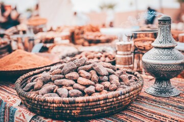 Woven Basket of Almonds, Ornate Teapot, and Textured Textiles, Warm Tones, Selective Focus - Cultural Market Scene