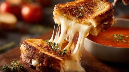 Grilled cheese sandwich oozes melting cheese; served with tomato soup. Food photography for recipe, marketing, blog, or editorial use.