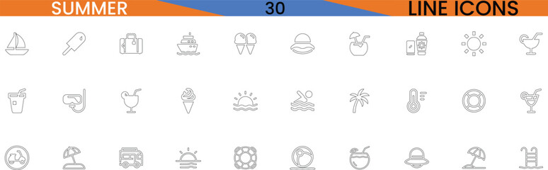 30 Summer Line Icons Vector Set - Includes Sailing, Beach, Sun, Ice Cream, and More for Hot Weather Designs
