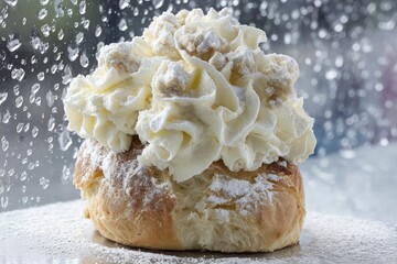 Cream-Filled Pastry with Powdered Sugar, Rainy Window Backdrop, Soft Lighting, Delicious Swedish Treat