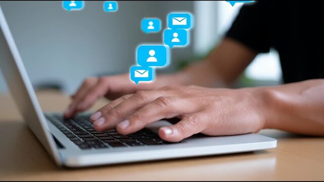 Engaging in online communication through instant messaging and email on a laptop - Powered by Adobe