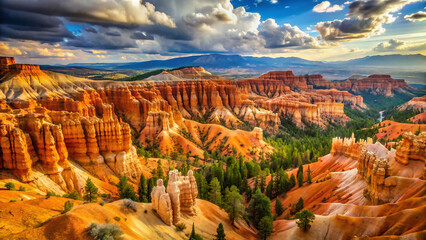 A scenic view of bryce canyon national park with orange rock formations and cloudy sky overhead view