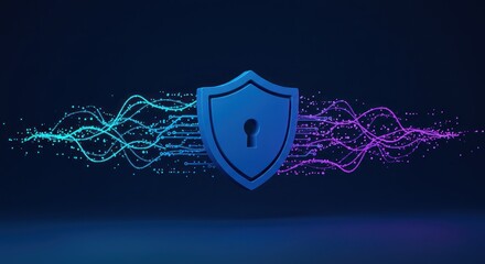 Blue shield with a keyhole symbol flanked by digital waves