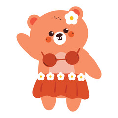 cute hand drawing cartoon bear with Hawaiian outfit for summer sticker and icon