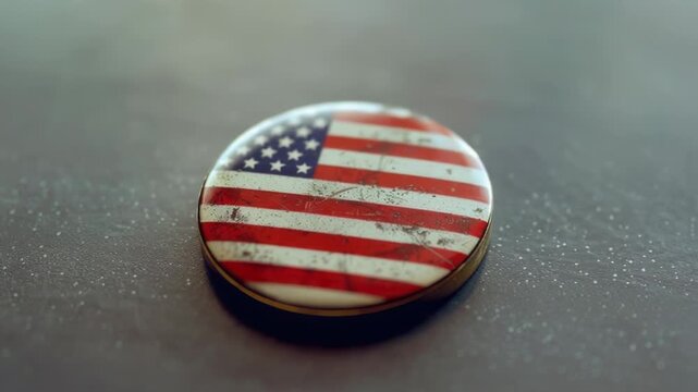 A small American flag button worn as a lapel pin or accessory