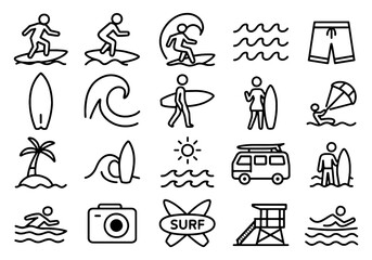 Collection of surfing and beach themed line icons