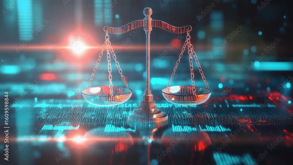 Poster digital representation of a balanced scale symbolizing justice and equality in a modern technologica