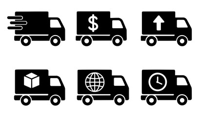 Six delivery trucks with various symbols icons