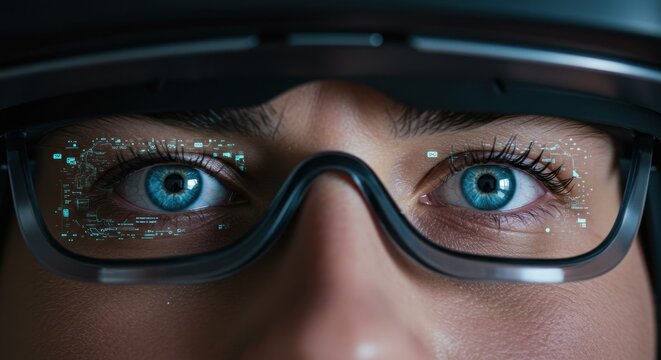 Closeup of a person wearing augmented reality glasses with data overlays