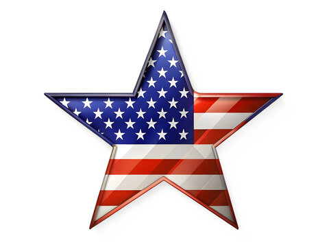 A shiny star shape filled with the american flag pattern, isolated on a transparent background