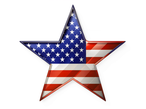 A shiny star shape filled with the american flag pattern, isolated on a transparent background