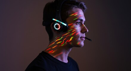 Closeup profile of a young man wearing illuminated gaming headphones