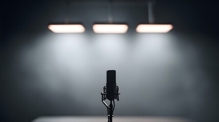 blurred image of a solo streamer studio with overhead LED panels, minimalistic mic boom, and shadowy backdrop. Professional creator mood