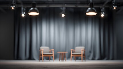 Fototapeta premium blurred image of an international voiceover recording studio with cultural decor, low ceiling lights, and blurred outlines of unique instruments