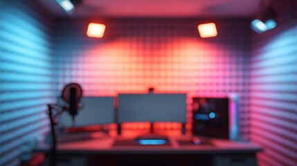 blurred image of a modern streaming studio with RGB lighting, wall foam tiles, dual monitor setup, and sound dampening curtains. Designed for gamer creators
