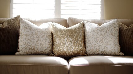 Contemporary sofa with neutral-toned pillows, showcasing minimalist design and elegant background blur.