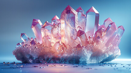 Photorealistic iridescent crystal cluster centered on a matte blue background, soft gradients and reflections highlighting mineral clarity with ample space for overlays