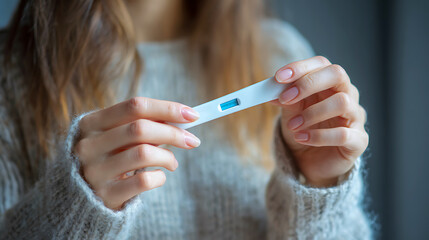 Woman holding a positive pregnancy test with two lines
