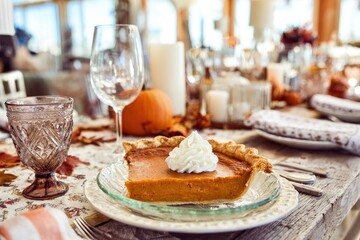 Slice of Pumpkin Pie Topped with Whipped Cream on Glass Plate, Autumn Decor, Soft Lighting, Warm and Cozy Scene