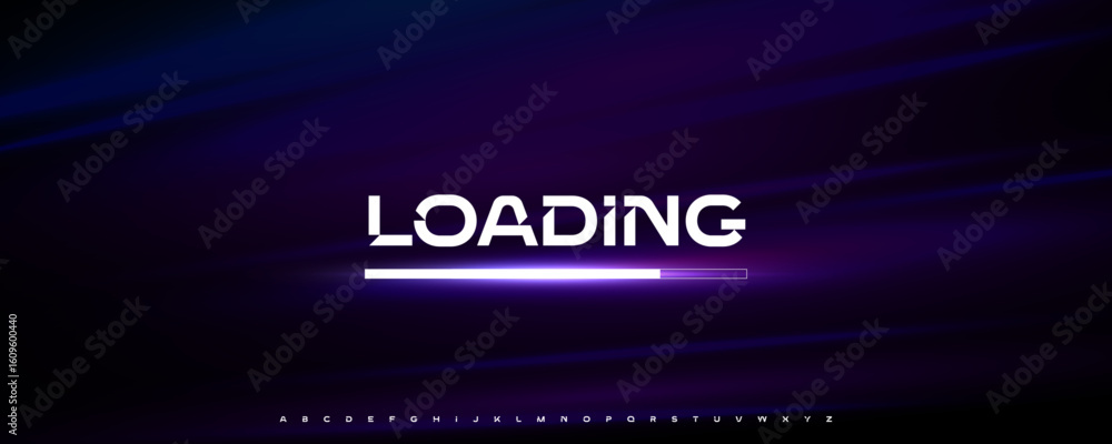 Poster hi-tech loading typography with sharp letter cuts and purple glowing progress bar, ideal for hacker,