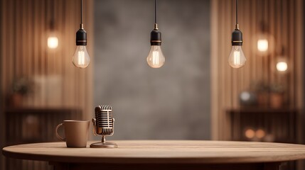 blurred image of a cozy podcast recording room with warm acoustic panels, hanging studio lights, and vintage microphones on a wood table