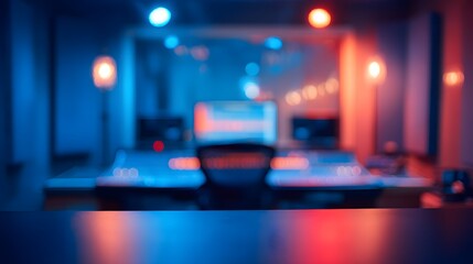 blurred image of a colorful audio production studio with ambient lights in blue and red, glass sound isolation panels, 