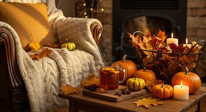 A cozy autumn scene featuring a warm drink and fall decor.