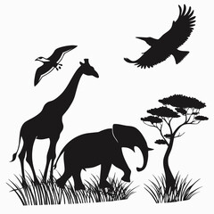 Fototapeta premium African savanna scene with elephant giraffe and birds silhouette